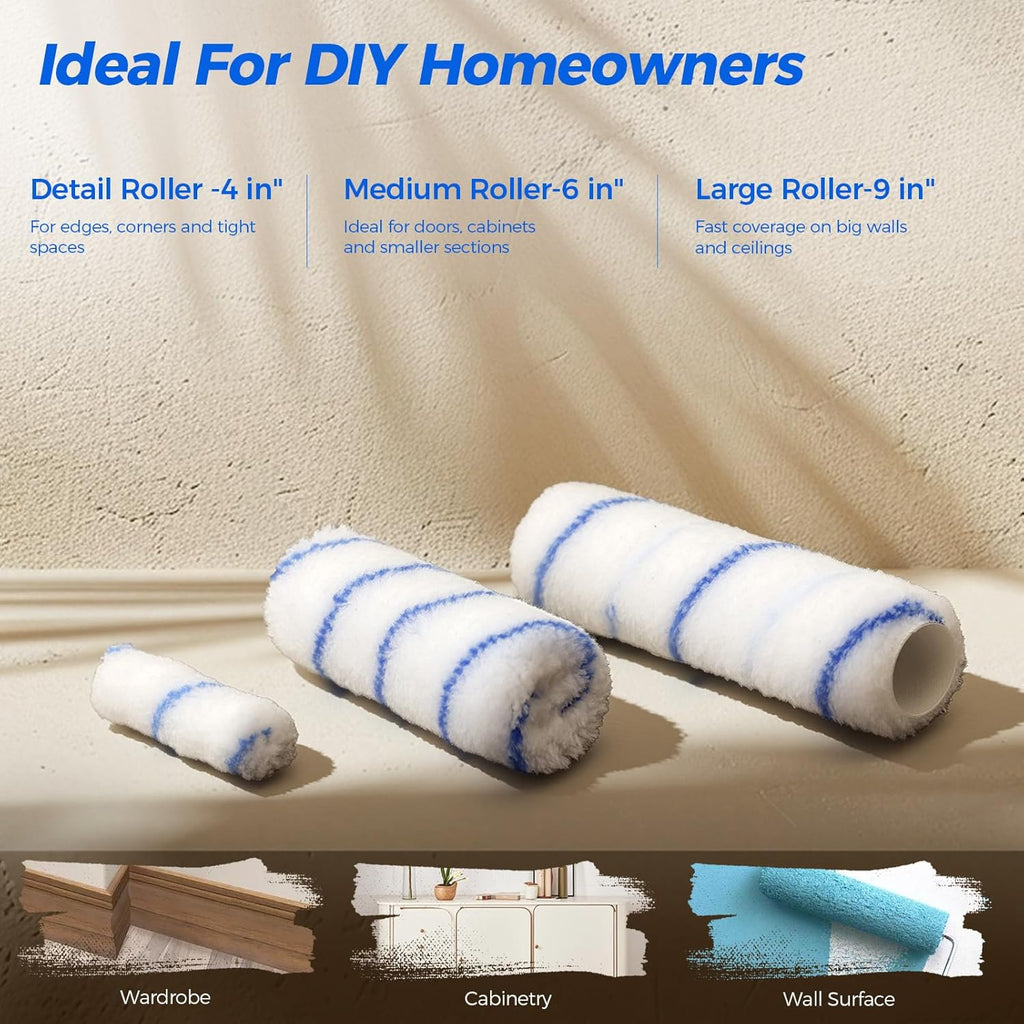 Paint Roller Kit with 3.93Ft Extension Pole for Walls and Ceilings, 30Pcs House Painting Supplies Set with 9”, 6” &