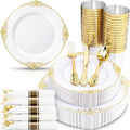 350Pcs Gold Plastic Plates, Disposable Dinnerware Set for 50 Guests