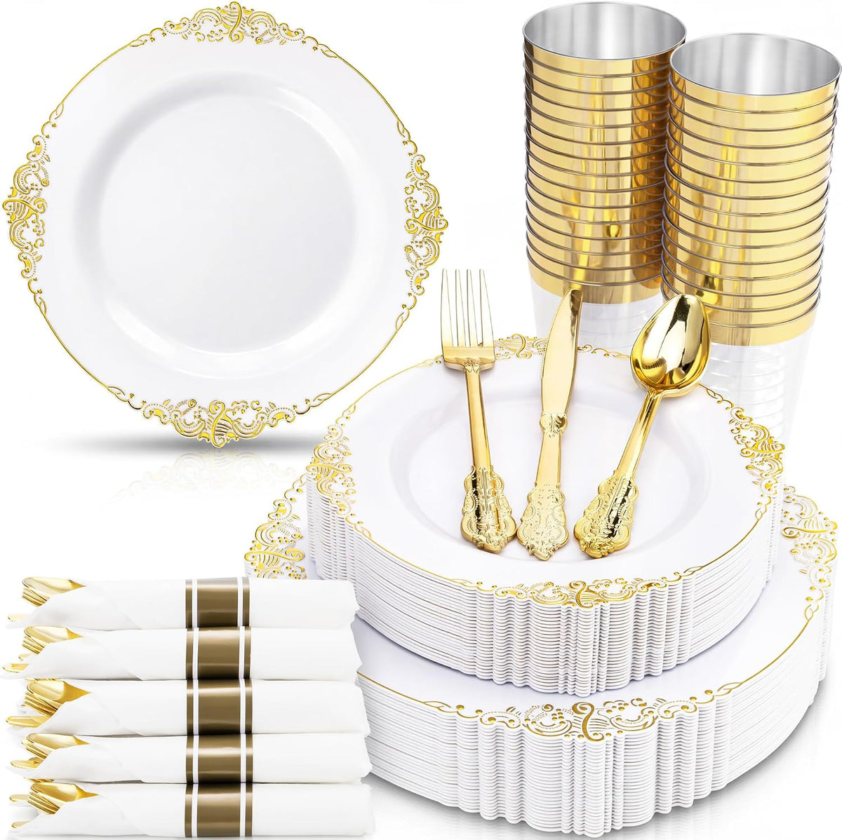 350Pcs Gold Plastic Plates, Disposable Dinnerware Set for 50 Guests