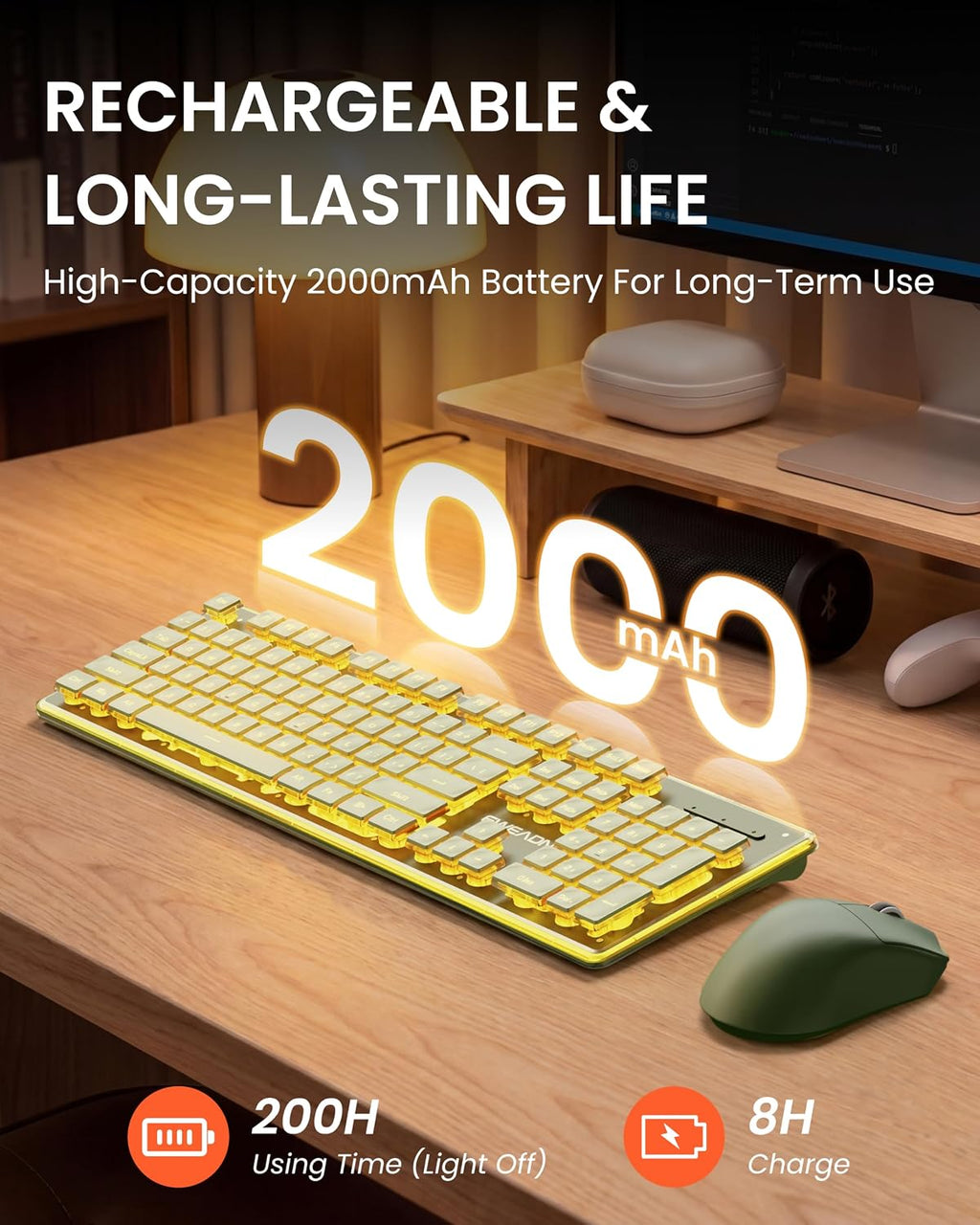 Wireless Keyboard and Mouse Combo with Warm Backlit, Rechargeable-Green