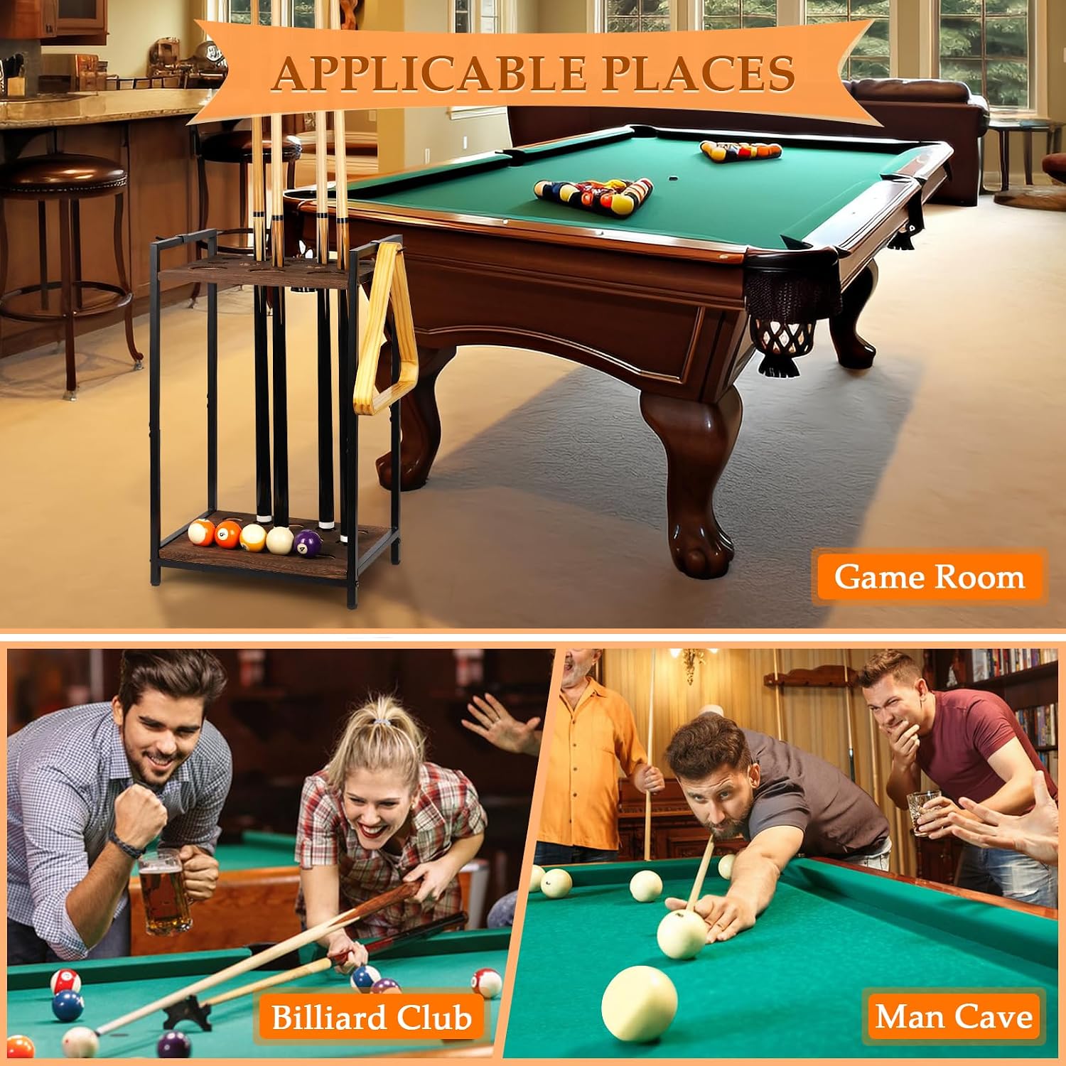 Pool Stick Holder, 10-Hole Wooden Freestanding Billiard Cue Racks Black | Cue Stick Holder for Game Room Billiard