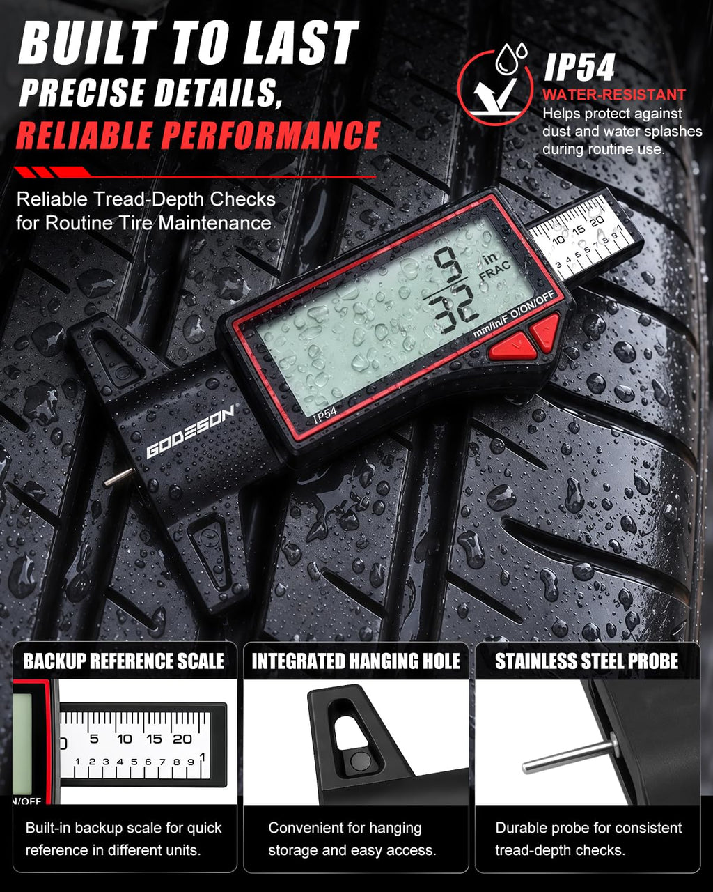 GODESON Digital Tire Tread Depth Gauge, 2.5" Large LCD Display, 0–1" Range