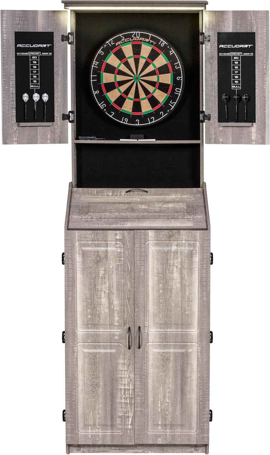 Dartboard Cabinet Set with LED Lighting – Premium Brazilian Sisal Board, Staple‑Free Razor Wire, Weathered Grey