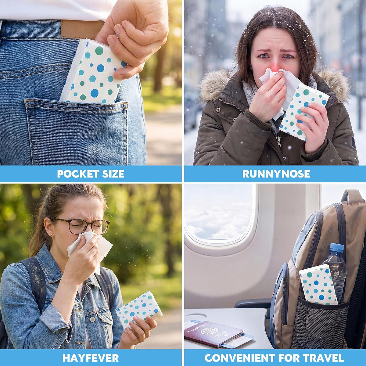 50 Pack Pocket Tissues, 3 Ply Polka Dot Travel Tissues