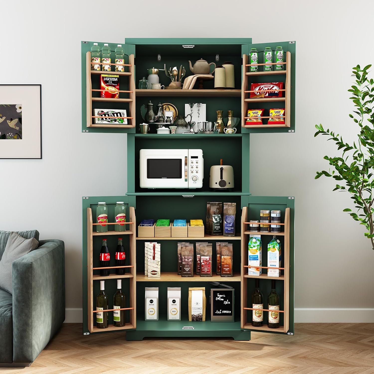 72" Kitchen Pantry Storage Cabinet with Open Countertop, Freestanding Larder Cupboard with Microwave Stand, Utility