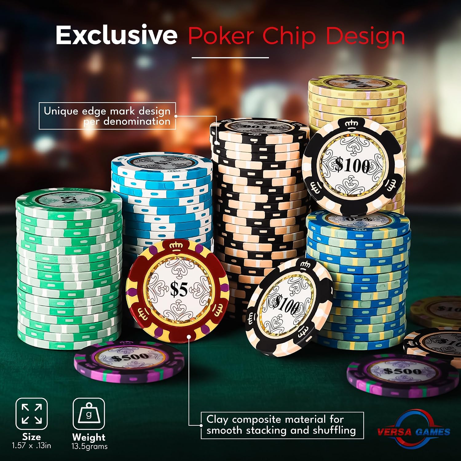 Poker Chip Set - Casino Grade 13.5g Poker Chips, 7 Color Chip Denomination - 2 Decks of Cards, Dice, Dealer Button