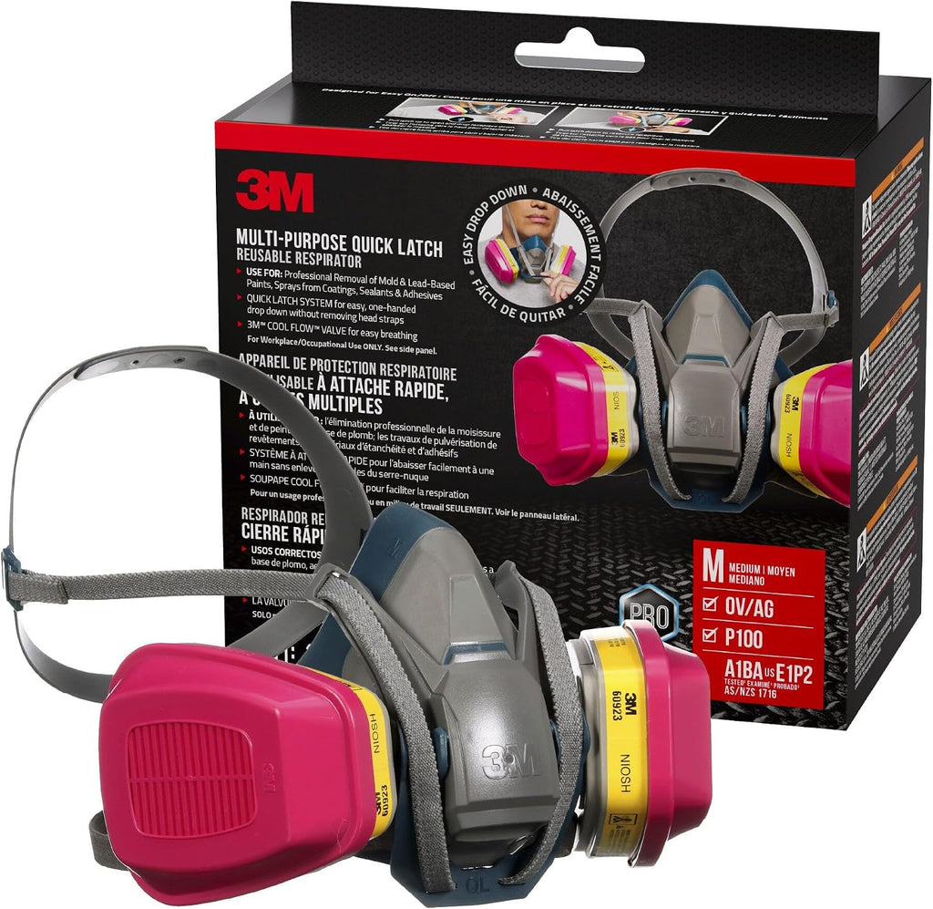 3M Multi-Purpose Quick Latch Reusable Respirator 65023QLH1-DC, OV/AG/P100, Mdm, 1-Fcpc, 1-pr of 60923 Crtrdg/Fltrs