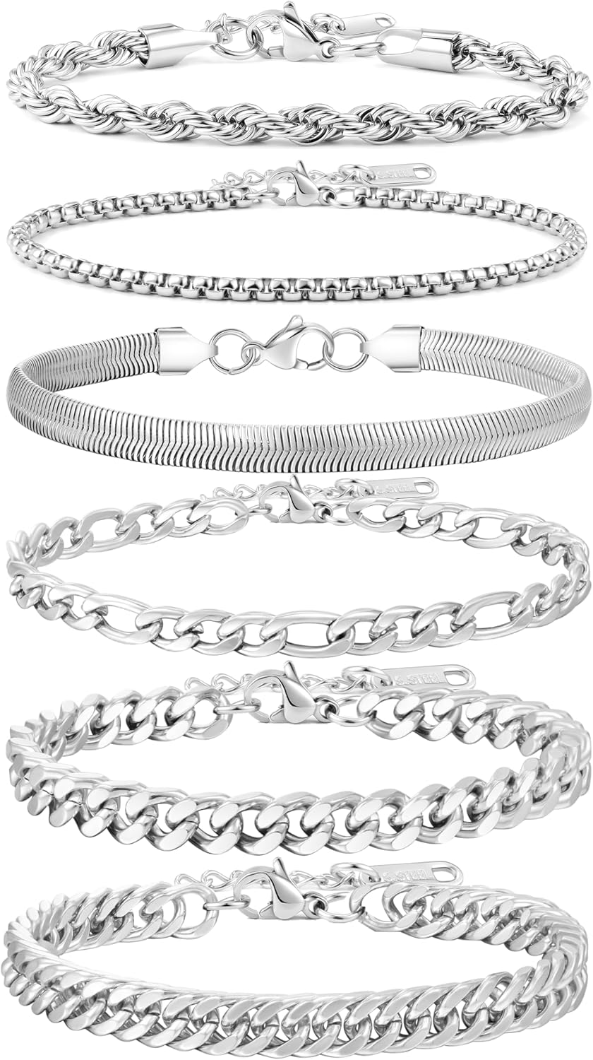 Men's Stainless Steel Silver Bracelets,6Pcs Adjustable Trendy Cuban Link Chain Bracelet Set Men Jewelry