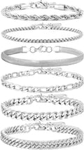 Men's Stainless Steel Silver Bracelets,6Pcs Adjustable Trendy Cuban Link Chain Bracelet Set Men Jewelry
