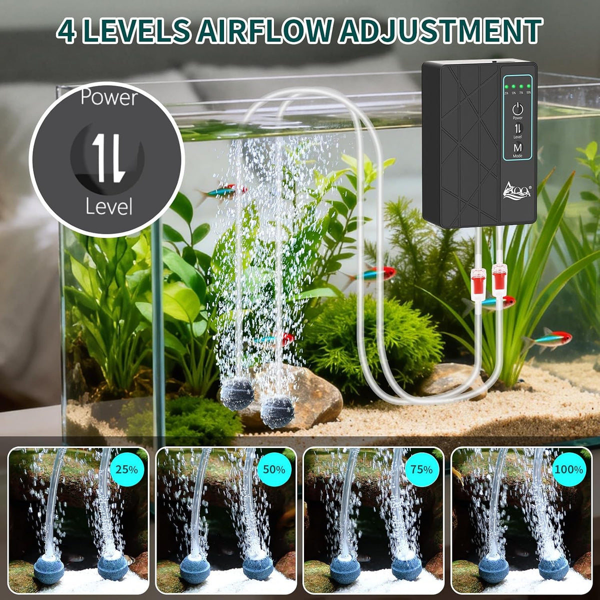 80GPH USB Rechargeable Aquarium Air Pump, Silent Flow Oxygen Aerator