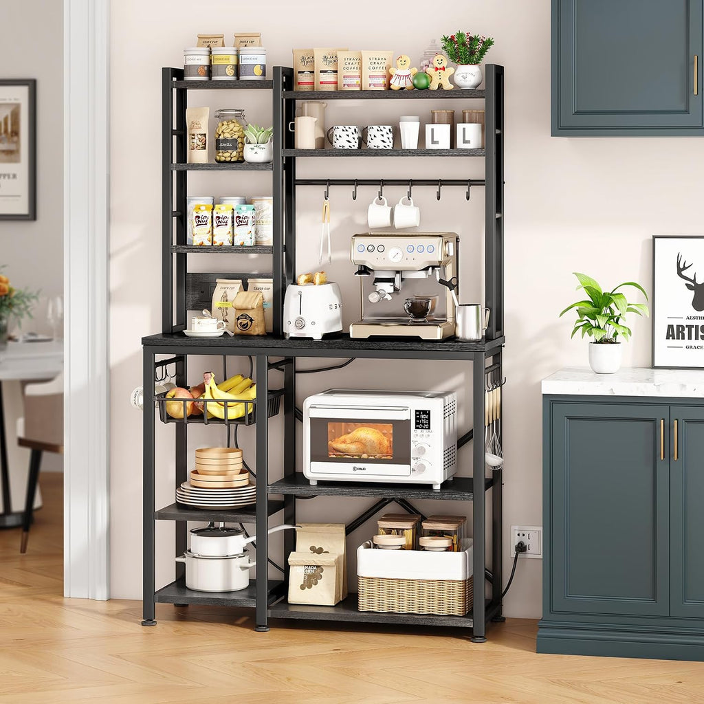 6-Tier Bakers Rack with Power Outlets, 36 x 14.6 x 72 in, Rustic Black