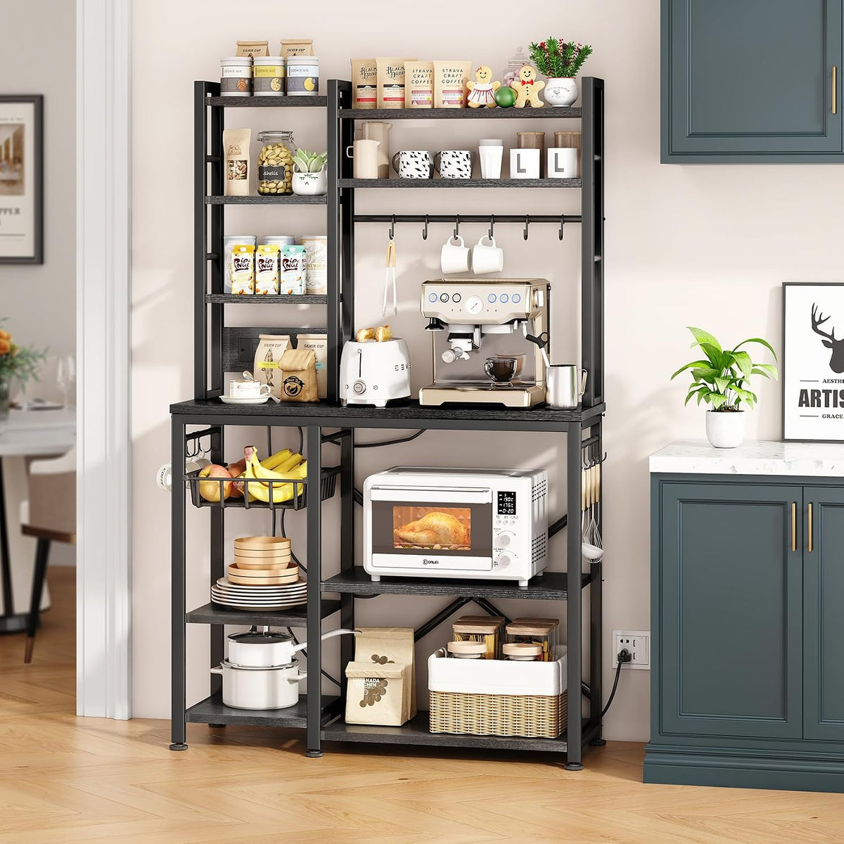 6-Tier Bakers Rack with Power Outlets, 36 x 14.6 x 72 in, Rustic Black