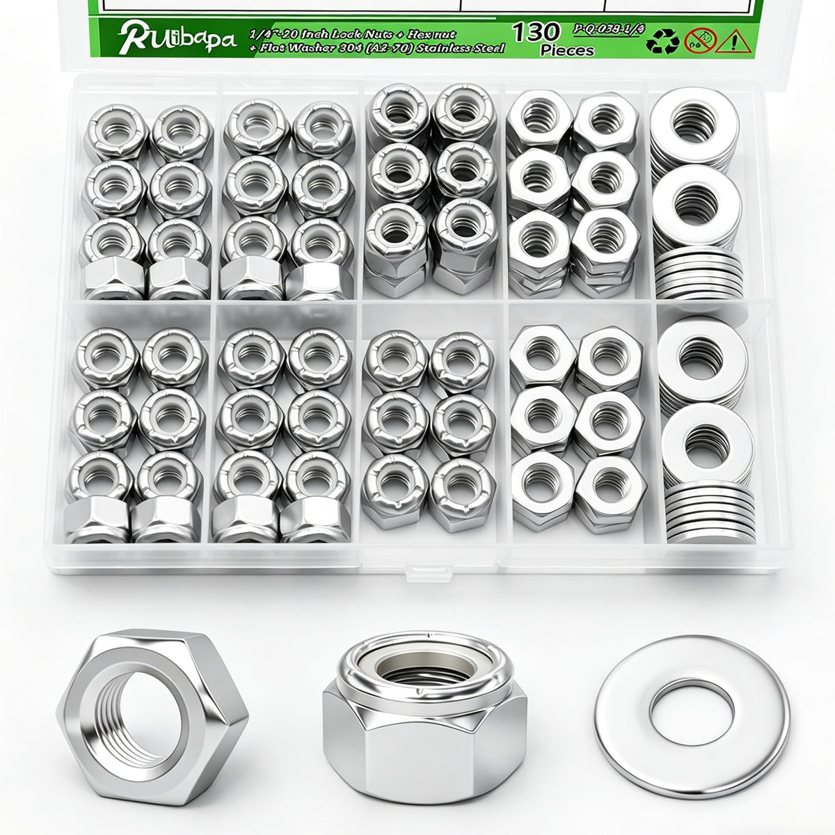 Ruibapa 130 PCS 1/4"-20 Inch Lock Nuts & Hex nut & Flat Washer