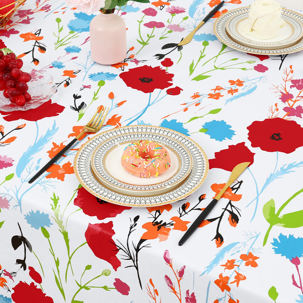 Rectangle Waterproof Vinyl Table Cloth, Wipeable Tablecloth with Flannel Backing, Plastic Table Cover for Dinner