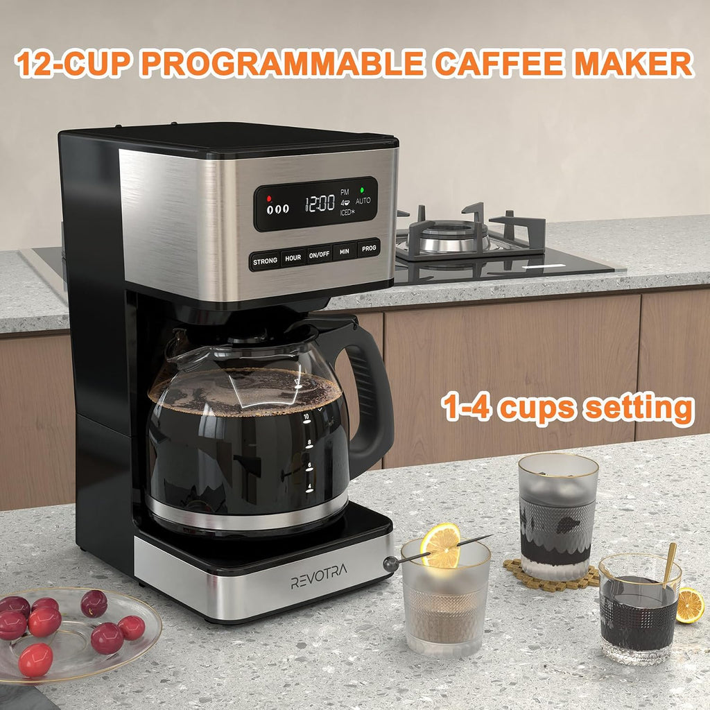 12 Cup Programmable Coffee Maker, Hot and Iced Drip Coffee Makers | Regular & Strong Brew Drip Coffee Machine, 1-4