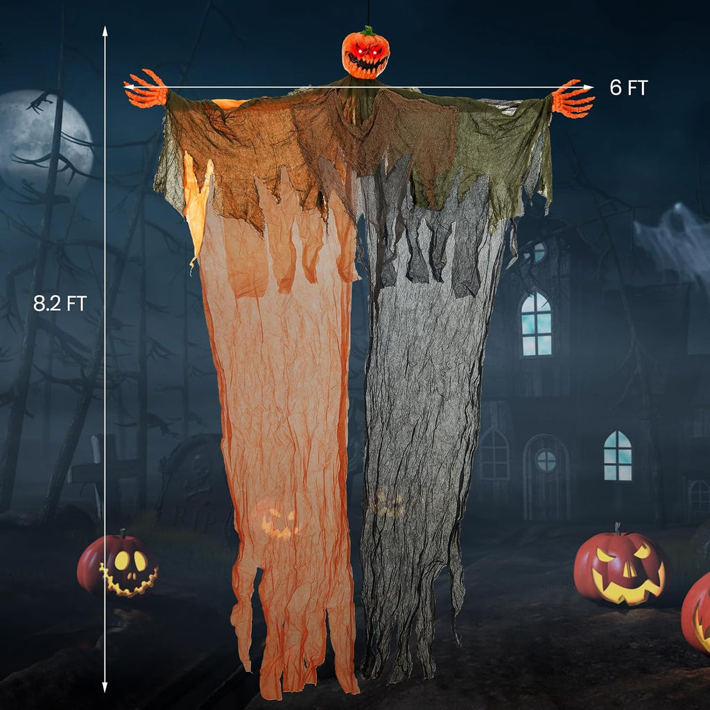 8.2 FT Hanging Pumpkin Ghost, Light-up Scary Prop for Haunted House with Red Glowing Eyes & Bendable Arms, Hanging