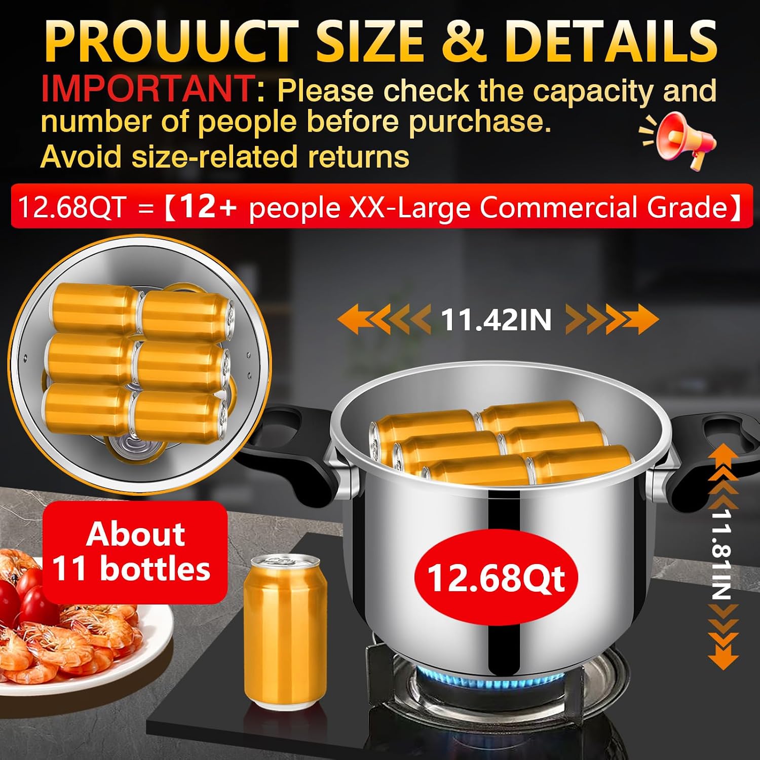 12.68qt Commercial Grade Stainless Steel Pressure Canner Pot, All-Round Multi Safety Protection Design, Extra Large