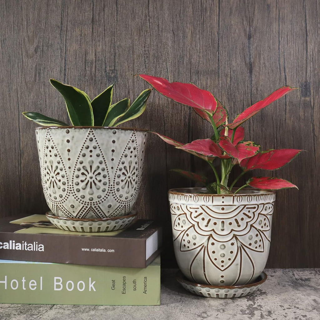 6 Inch Beaded Ceramic Planter Set of 2 with Drainage Hole and Saucer for Plants, Indoor-Outdoor Large Round Succulent