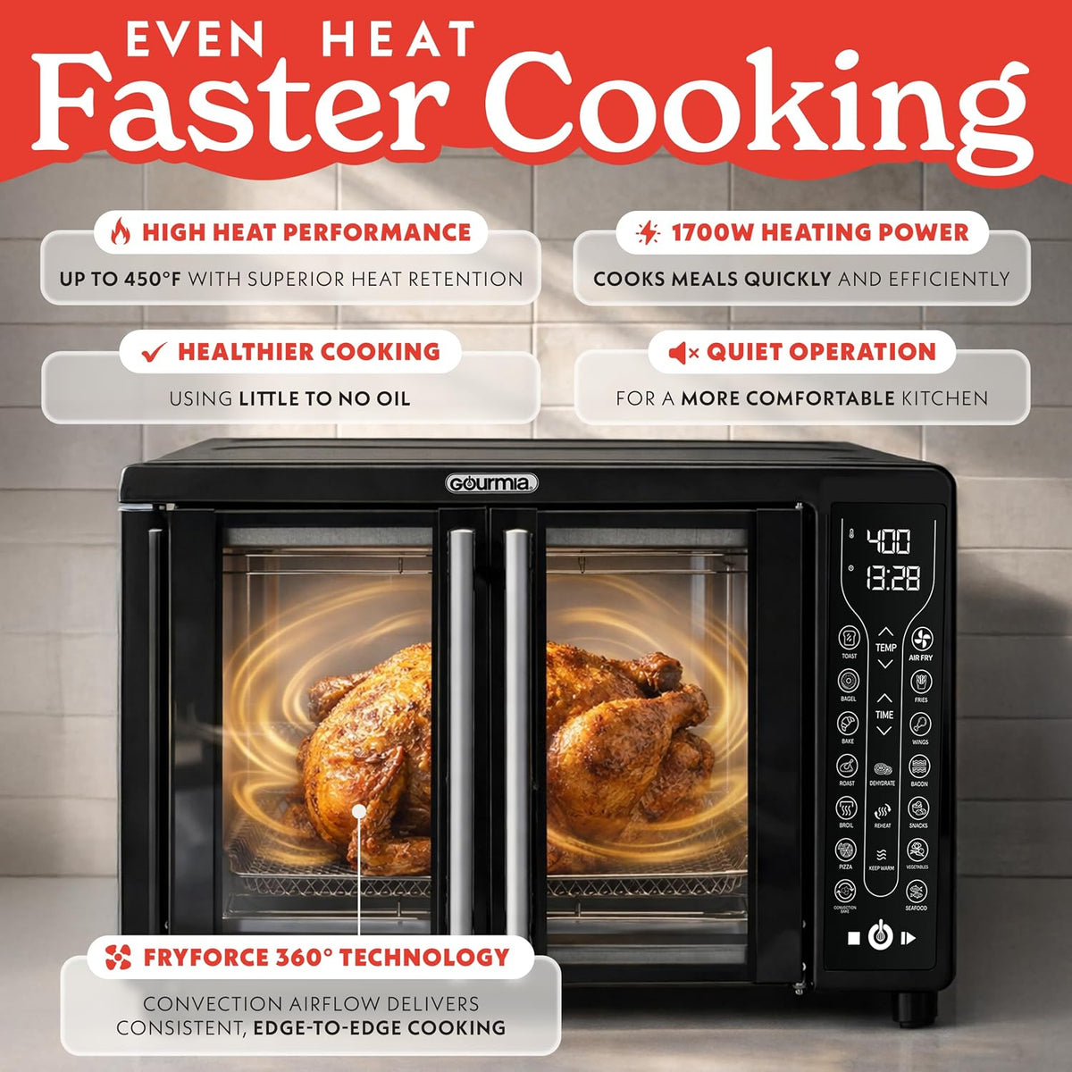 French Door Air Fryer Toaster Oven – 6-Slice Capacity, FryForce 360°, Digital Display with 17 Cooking Presets, Black