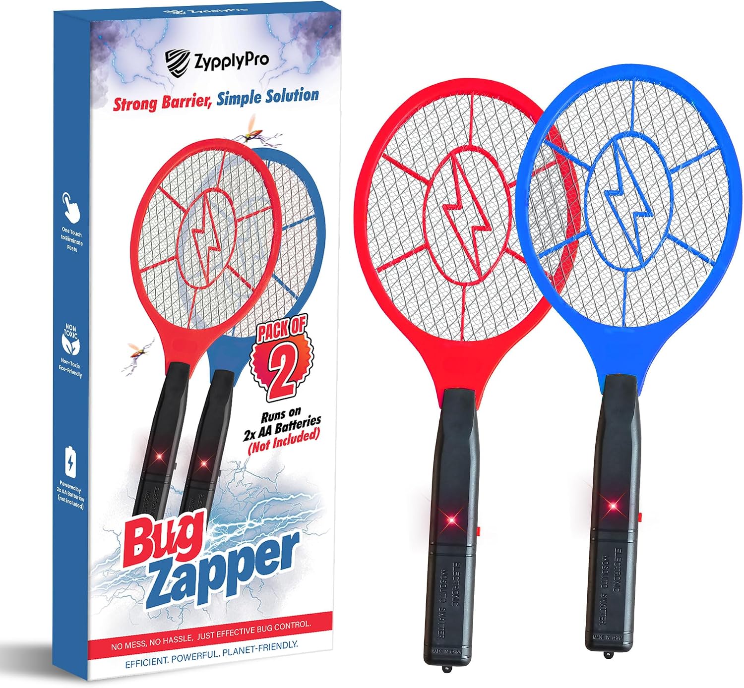 Electric Fly Swatter 2 Pack - 3000V Electric Grid Bug Zapper Racket with Safety Mesh, Handheld Mosquito & Fly Killer