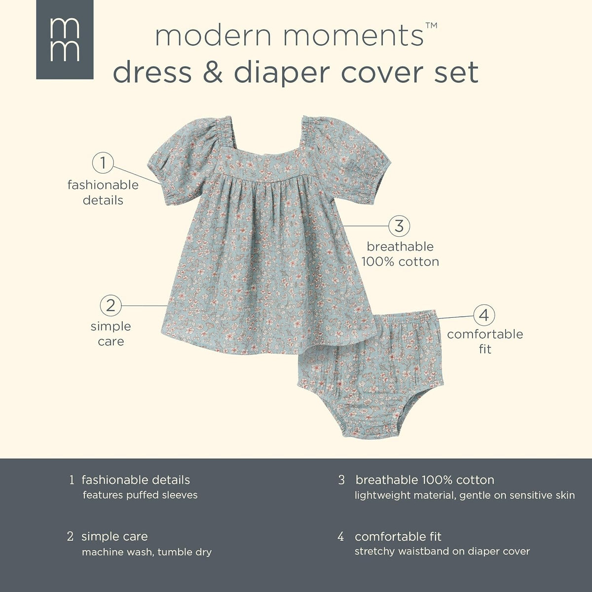 Baby Girls' 2-piece Puffed Sleeve Dress & Diaper Cover Set