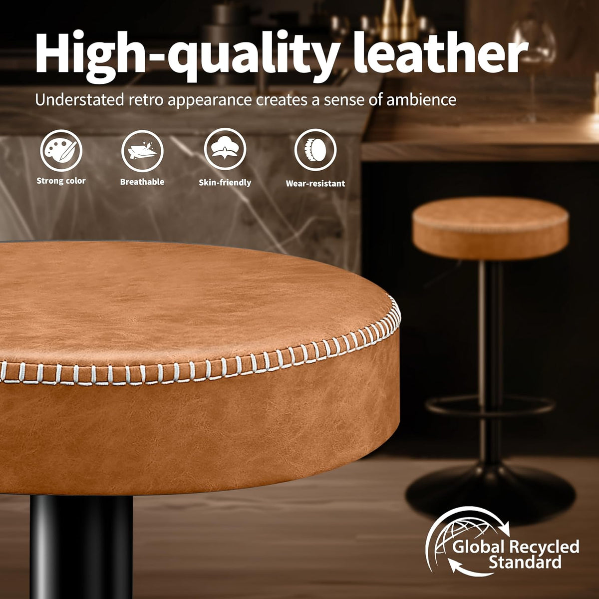Tall Bar Stools Set of 2, Microfiber Leather Bar Height Stools