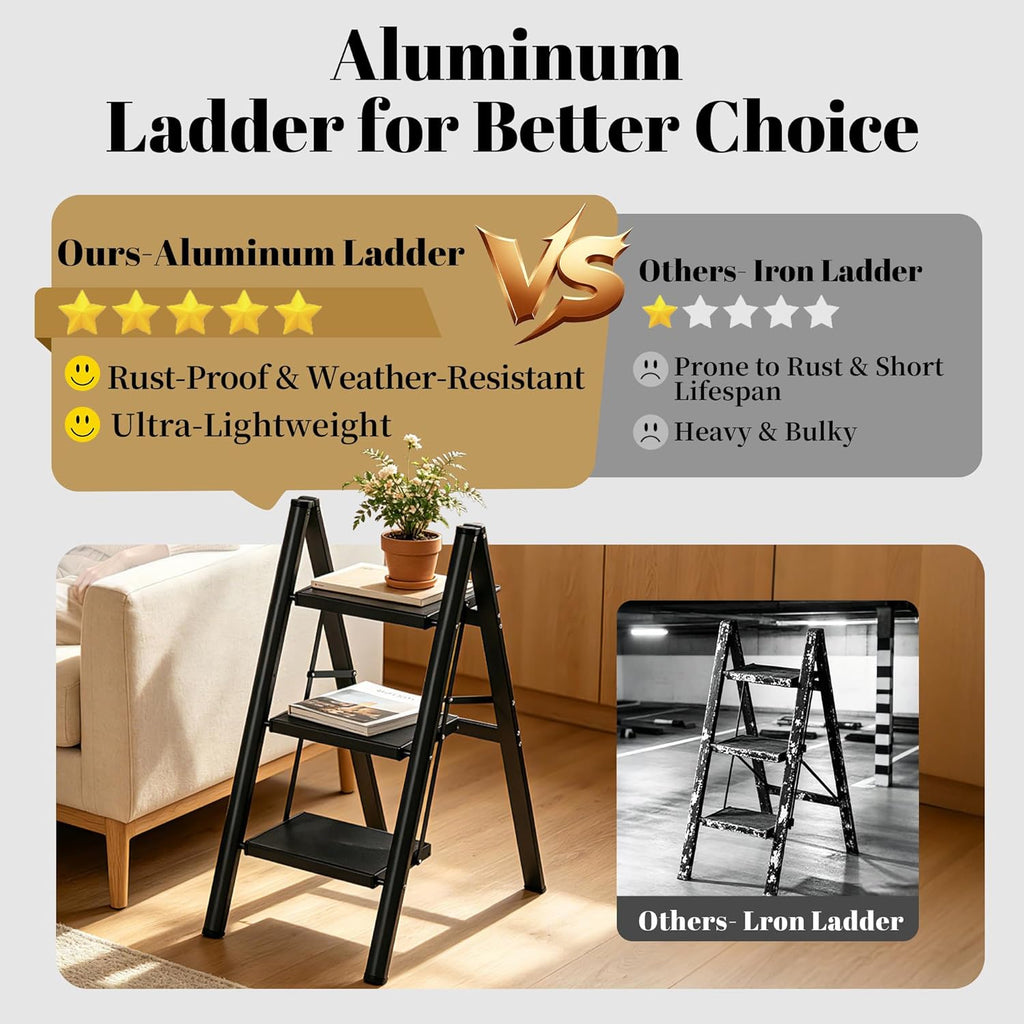 3 Step Ladder, Lightweight Aluminum Folding Step Stool, Step Stool Foldable with Wide Anti-Slip Pedal, 330lbs