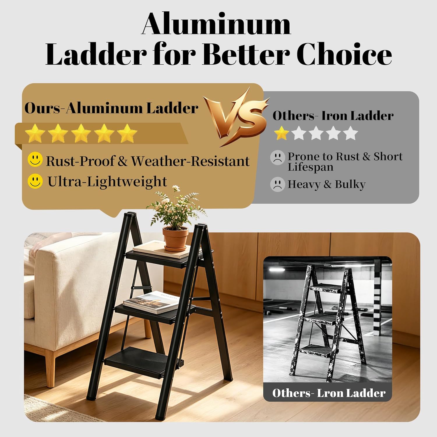 3 Step Ladder, Lightweight Aluminum Folding Step Stool, Step Stool Foldable with Wide Anti-Slip Pedal, 330lbs