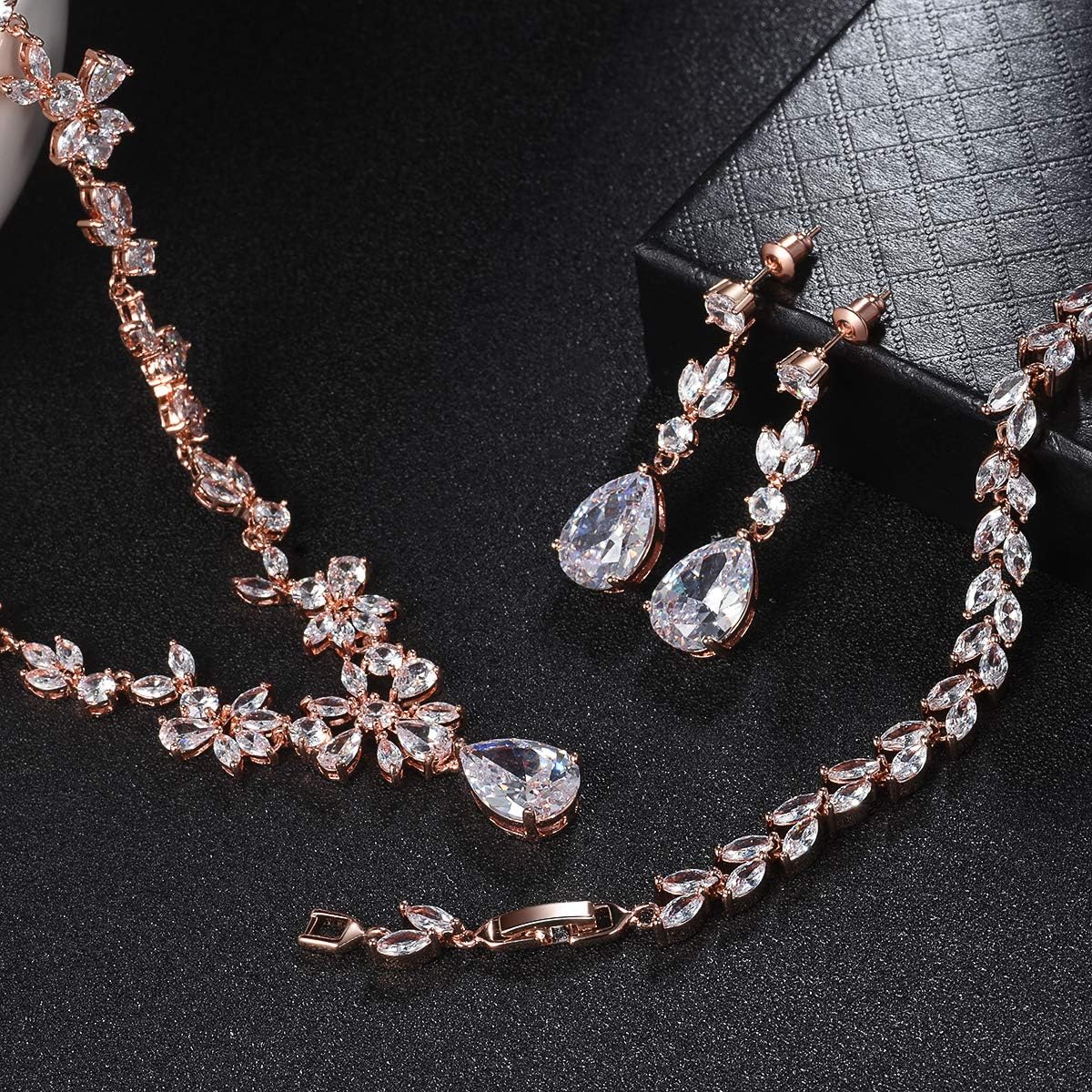 Jewelry Set for Women, Necklace Dangle Earrings Bracelet Set with White AAA Cubic Zirconia, Allergy Free Wedding