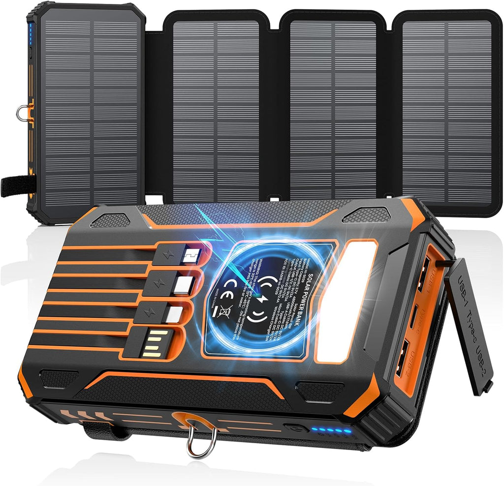 Solar Charger Power Bank - 48000mAh Wireless Portable Charger Built-in 4 Cables and 4 Solar Panels, PD QC 3.0 Fast