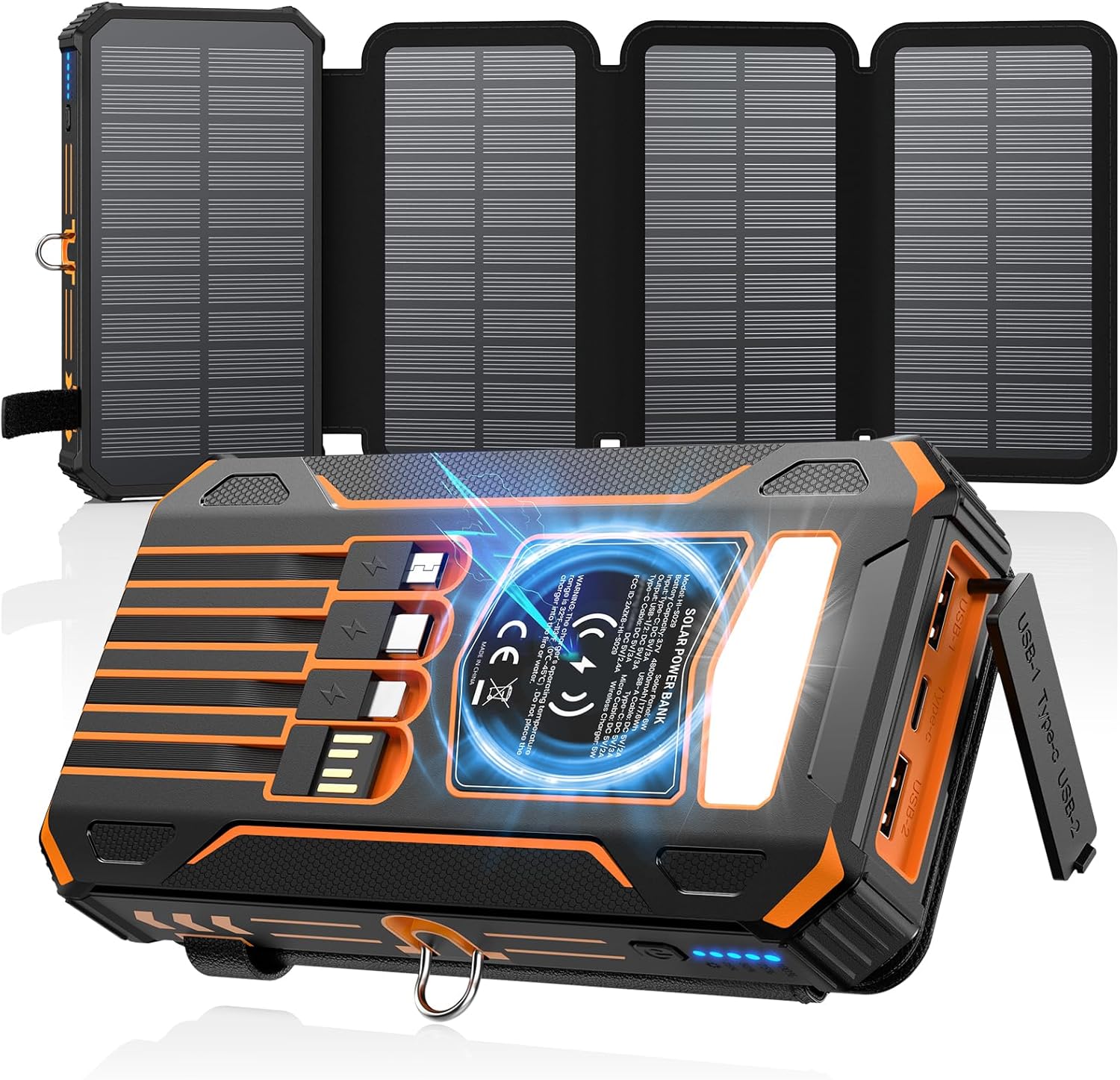 Solar Charger Power Bank - 48000mAh Wireless Portable Charger Built-in 4 Cables and 4 Solar Panels, PD QC 3.0 Fast