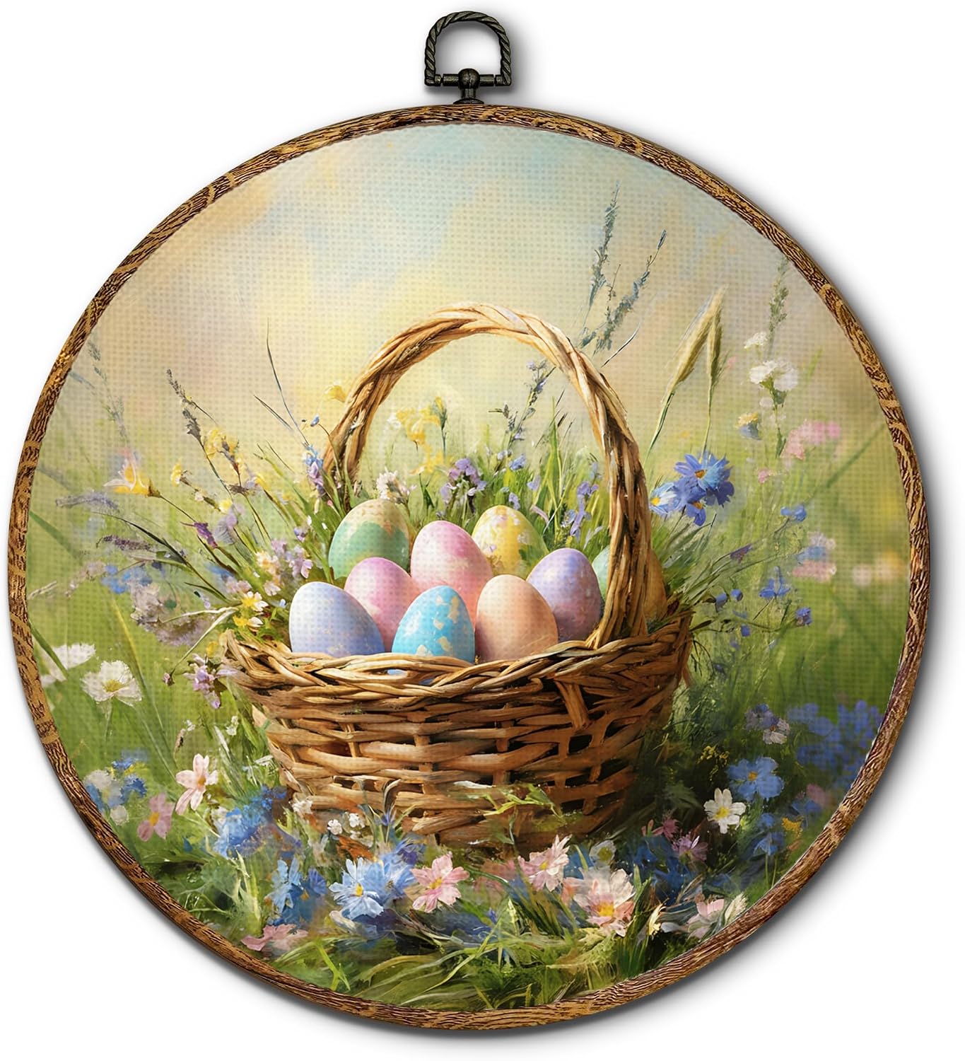 Vintage Easter Eggs Round Wall Art Decor, Spring Farmhouse Canvas Artwork Framed, Rustic Wildflower Easter Egg in