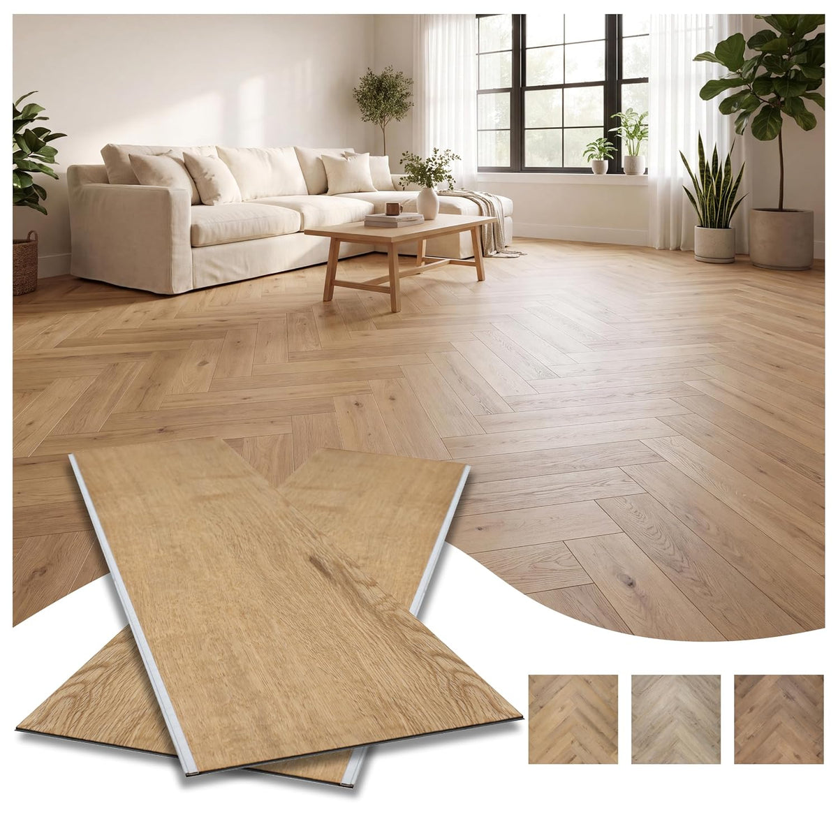 SPC Vinyl Planks Sample Pack, 2 Planks, Click-Lock Water-Resistant Herringbone Flooring, Walker Oak