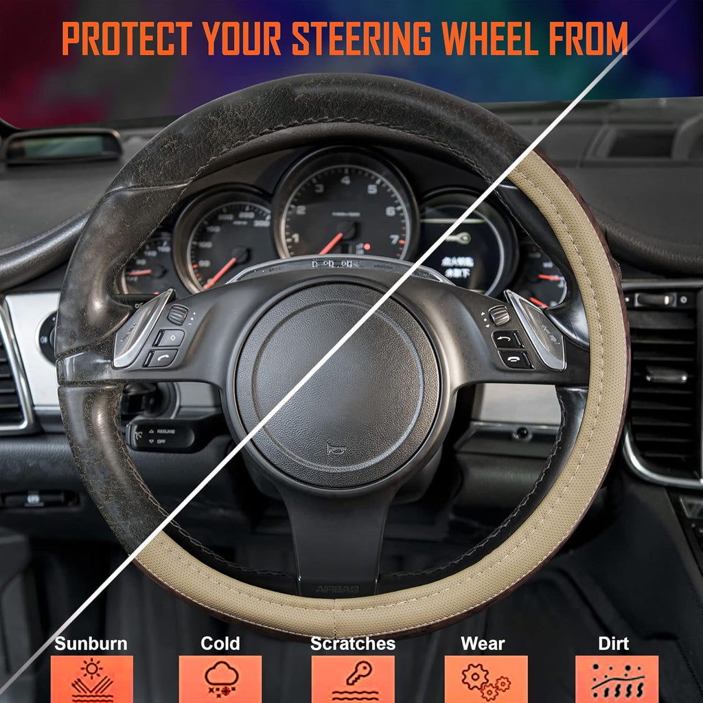 Wood Grain 14.5-15 inch Microfiber Leather Steering Wheel Cover, Anti-Slip Veins Design Steering Wheel Universal Fit