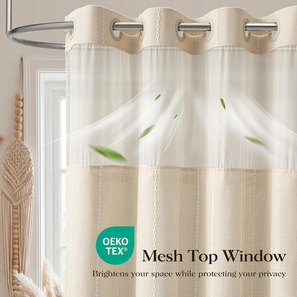 Cream Ringless Boho Stripe Tassel Shower Curtain with Snap Liner 72x75 | Heavy Duty Linen Blend, 3 in 1 Shower