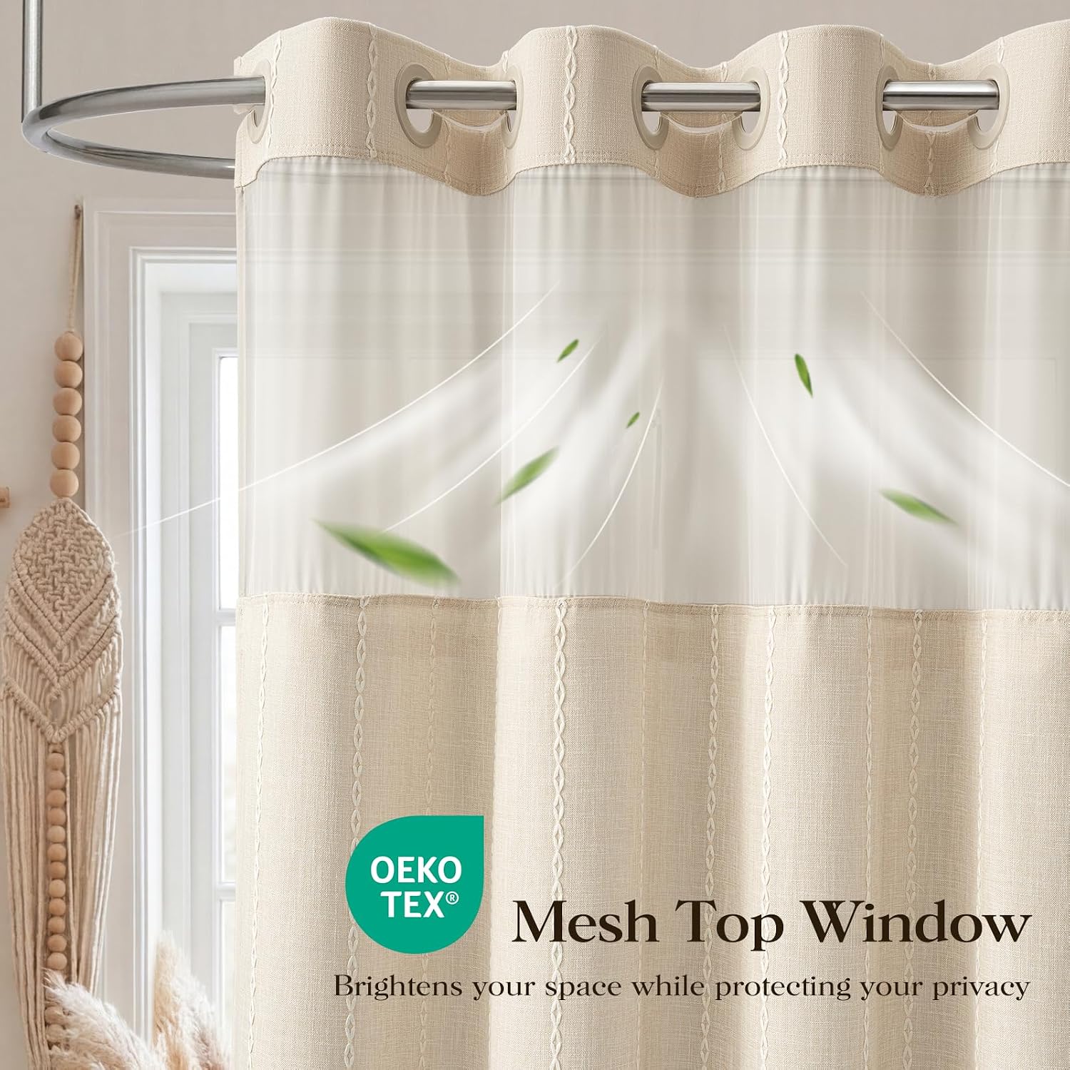 Cream Ringless Boho Stripe Tassel Shower Curtain with Snap Liner 72x75 | Heavy Duty Linen Blend, 3 in 1 Shower