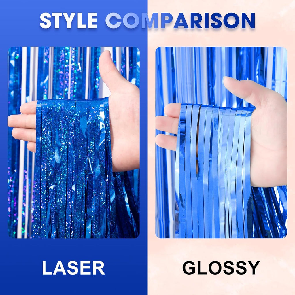 3 Pack 3.3 x 8.2 ft Laser Blue Foil Fringe Backdrop Curtains, Tinsel Streamers Birthday Party Decorations, Fringe