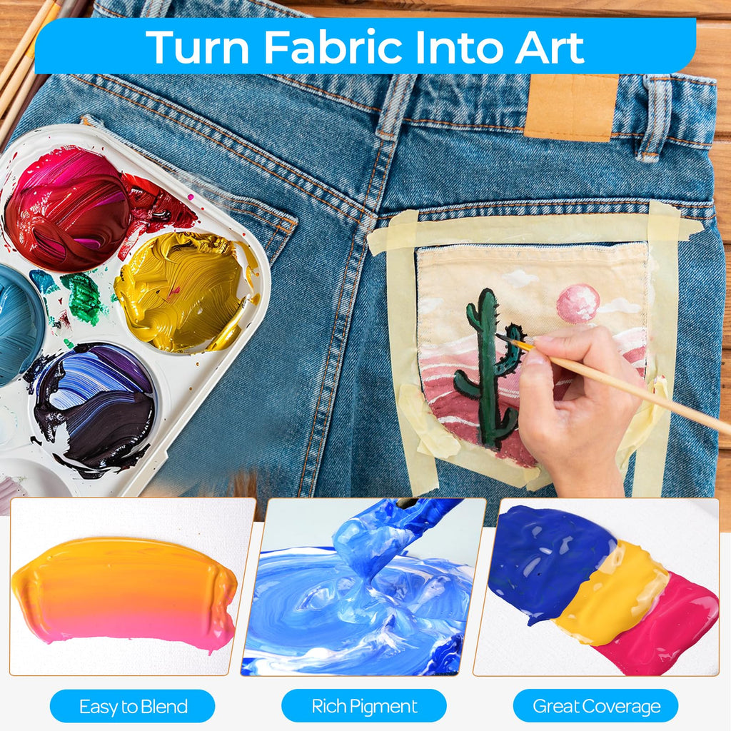 12 Colors Fabric Paint (1oz/30ml) with Brushes, Palette, Stencils