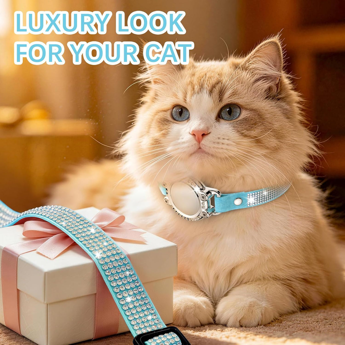 AirTag Cat Collar Breakaway, Rhinestone Collars with Air Tag Holder, Blue