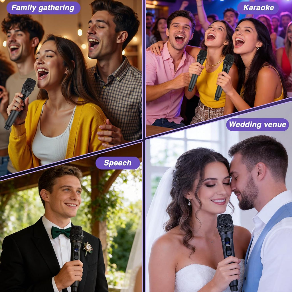Wireless Microphone,Professional Dual Handheld Cordless Dynamic Mic System with Rechargeable Receiver,Plug &