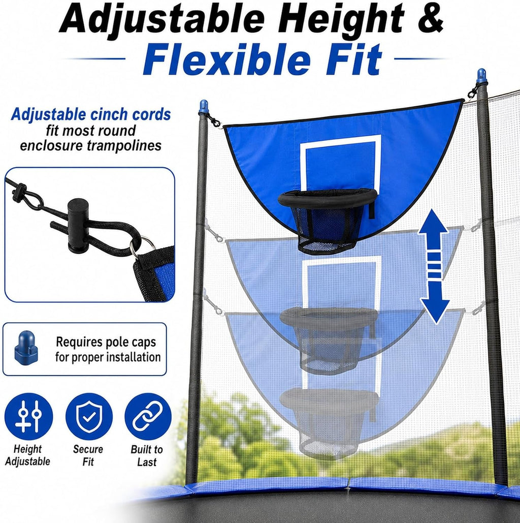 Trampoline Basketball Hoop Attachment, Soft PVC Backboard, 3 Balls & Pump | Attaches to enclosure net or poles; no