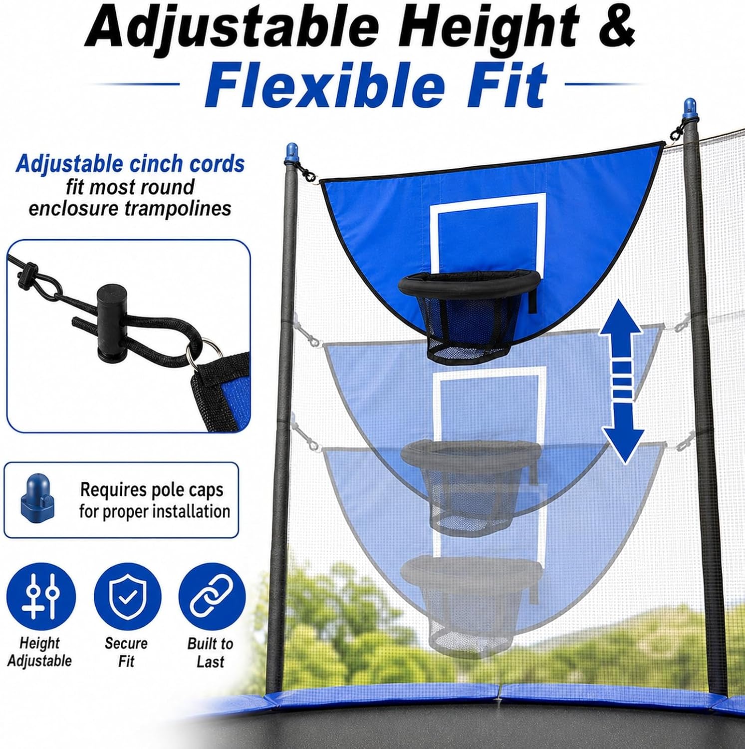 Trampoline Basketball Hoop Attachment, Soft PVC Backboard, 3 Balls & Pump | Attaches to enclosure net or poles; no