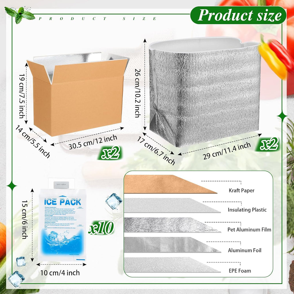 2 Pack Insulated Shipping Boxes for Frozen Food with Ice Packs, M