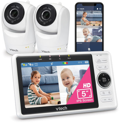 Smart WiFi Baby Monitor, 2 Cameras – See Both Rooms at Home or from Anywhere, Free App, 1080p Split Screen, 5" HD