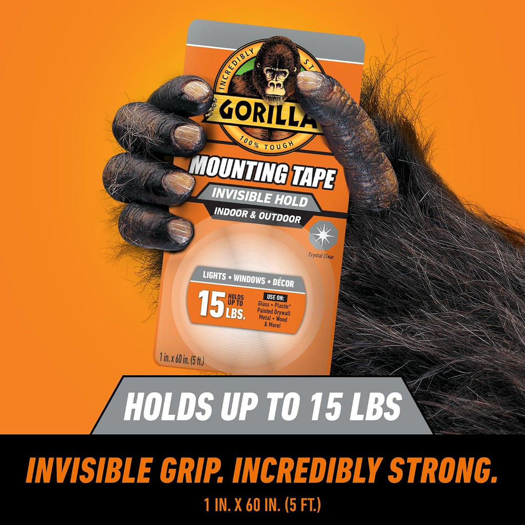 Invisible Hold Mounting Tape, Holds Up to 15 lbs, Clear, 1" x 60"