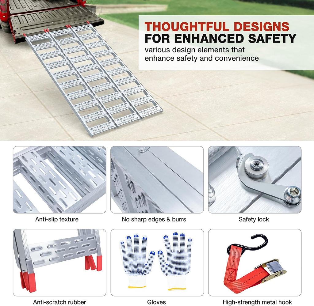 Aluminum Tri-Folding Truck Ramps 1600Lbs Max, Loading Ramps for Pickup Trucks Bed, Trailers Ramp with Load Straps for