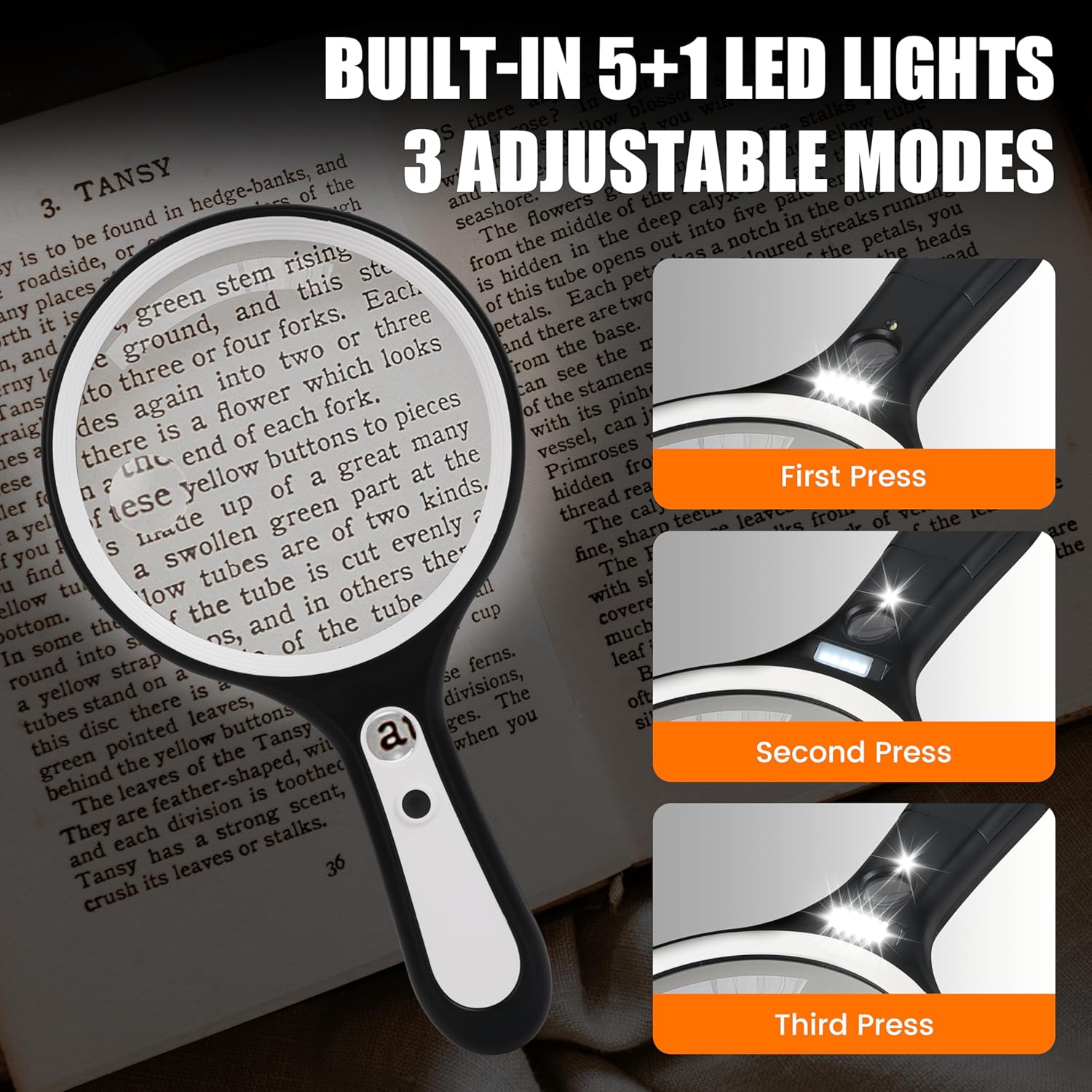 Magnifying Glass with Light for Reading: 5.31” Large Handheld Magnifier Lighted Glasses with 6 LED for Page Book