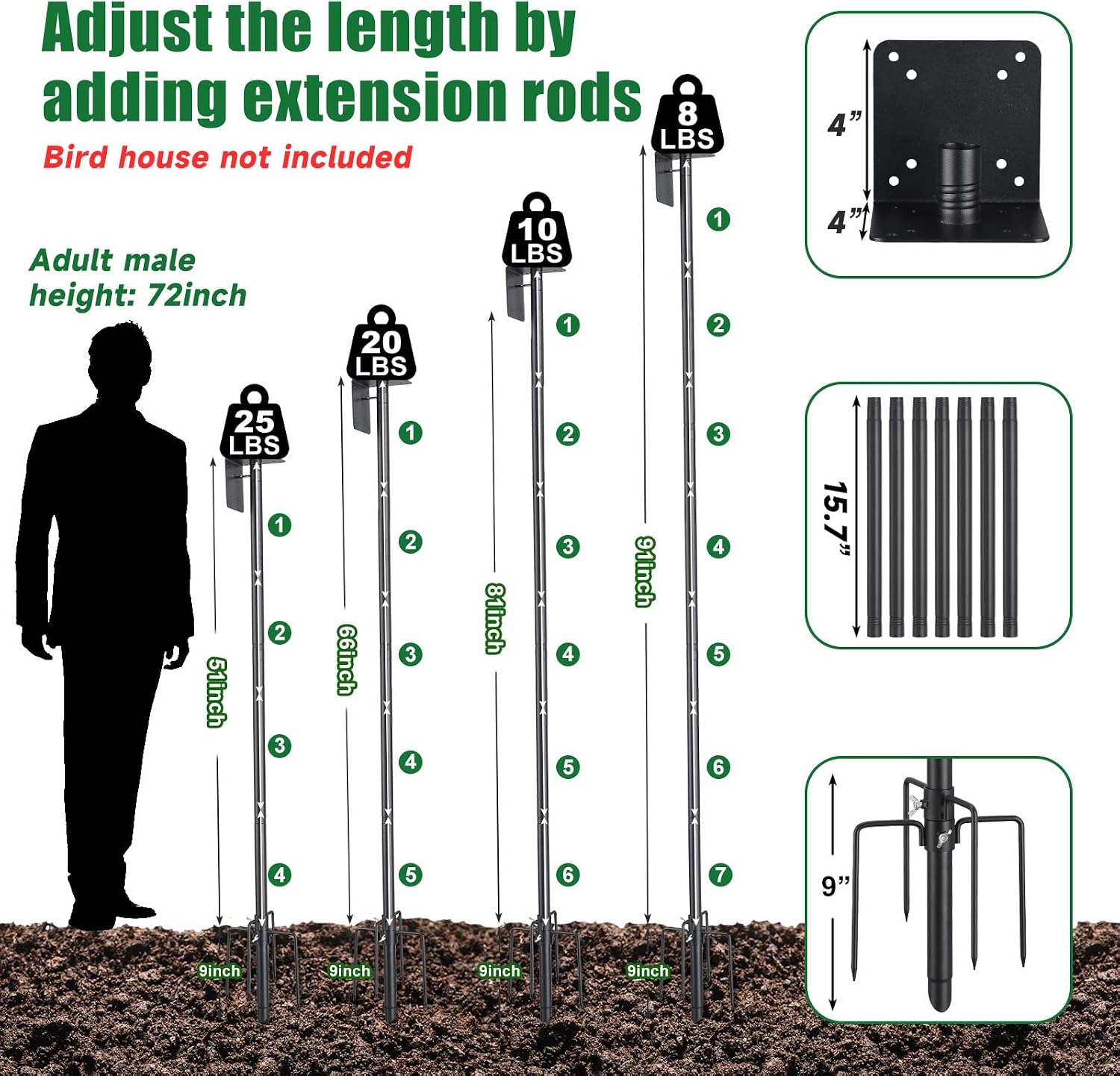 Bird Feeder Pole, 105" Heavy Duty Adjustable Feeder Stand with 5-Pronged Base for Birdhouse Mounting, Weather