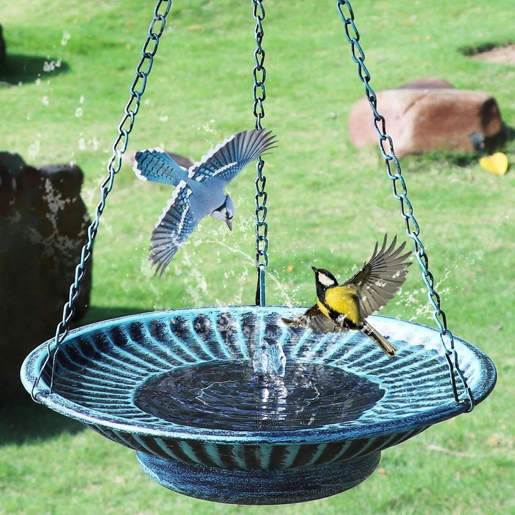 12" Hanging Solar Bird Bath, Metal Solar Bird Bath Fountain (Blue)