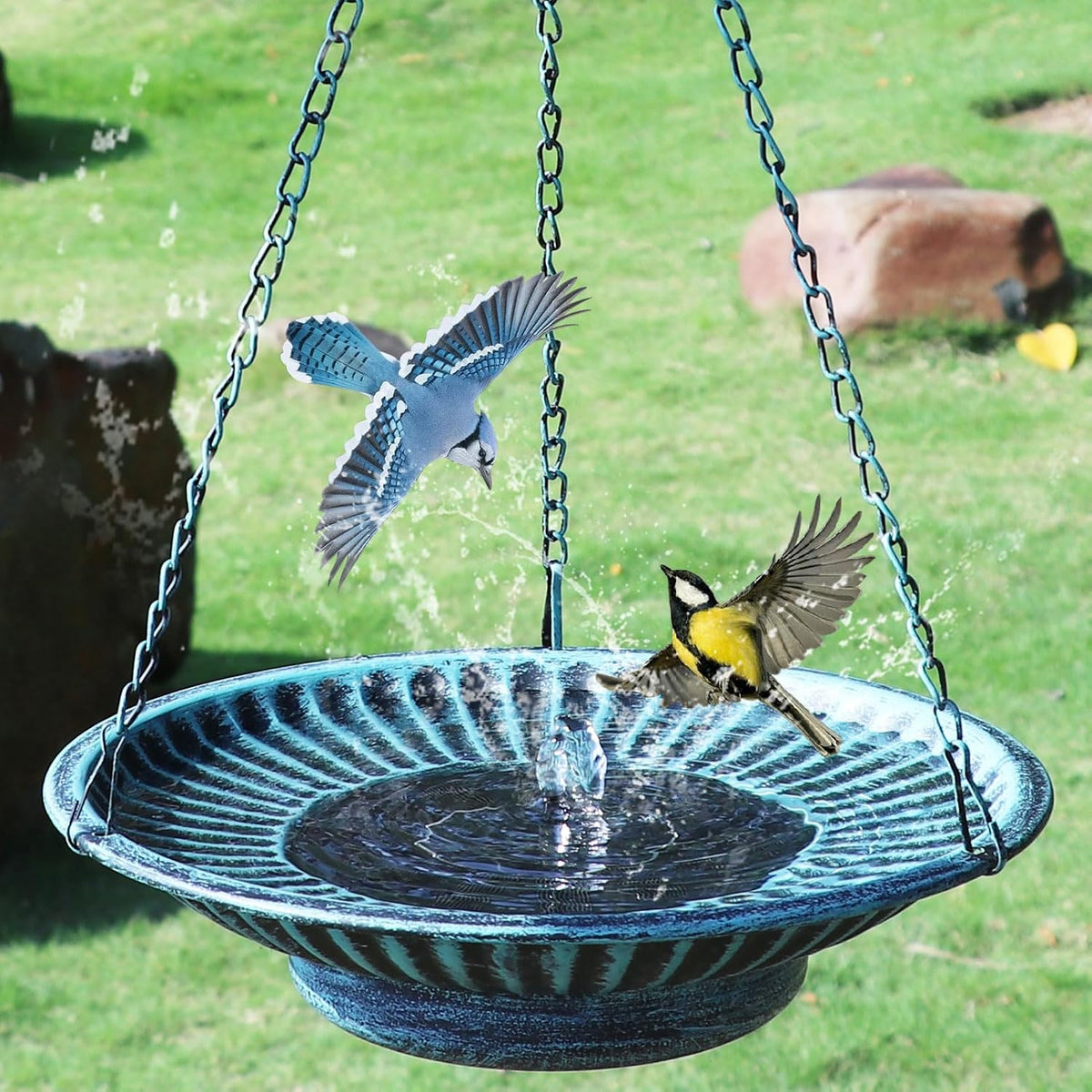 12" Hanging Solar Bird Bath, Metal Solar Bird Bath Fountain (Blue)